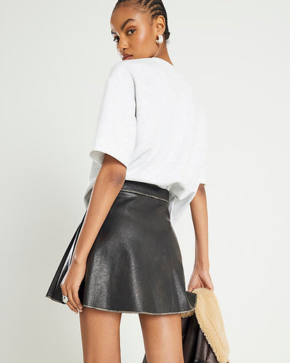 Black Faux Leather Pleated Mini Skirt