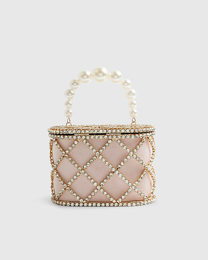 Gold Diamante Pearl Handle Basket Bag