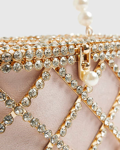 Gold Diamante Pearl Handle Basket Bag