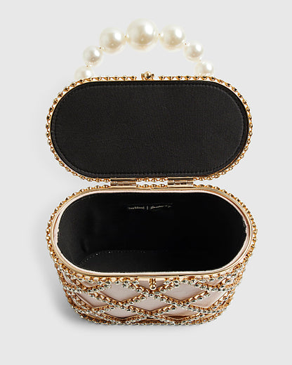 Gold Diamante Pearl Handle Basket Bag