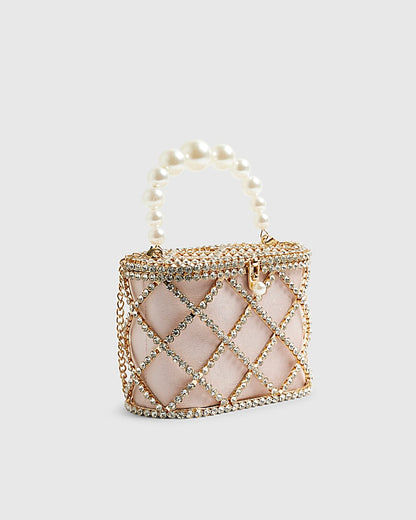 Gold Diamante Pearl Handle Basket Bag