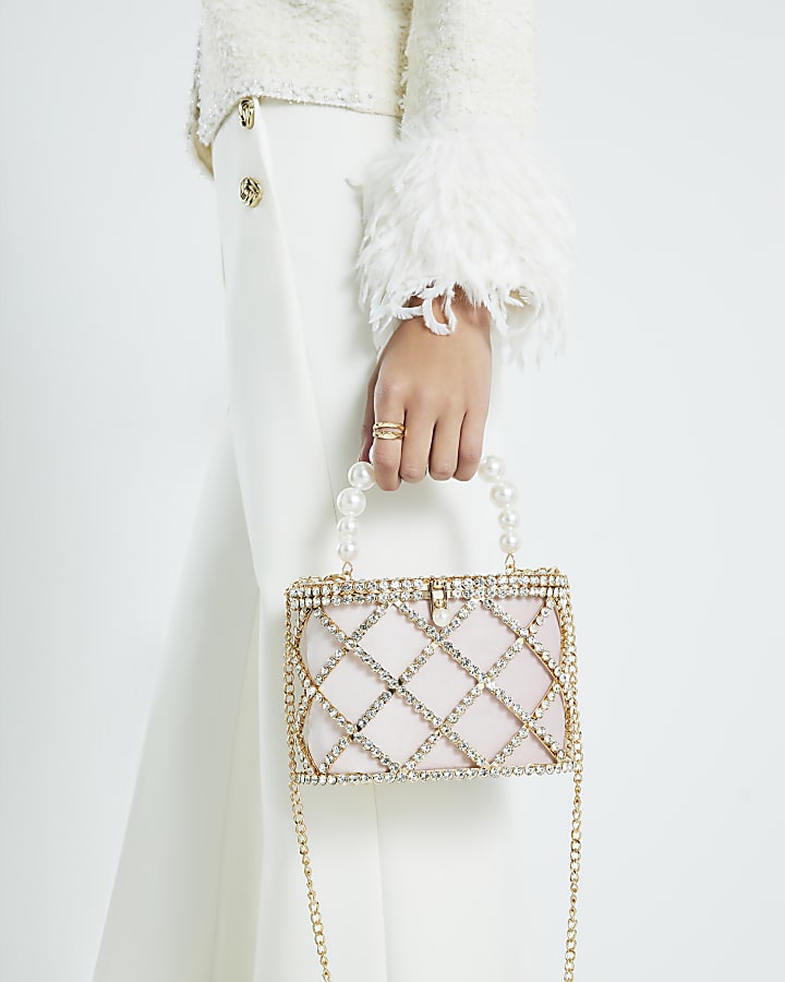 Gold Diamante Pearl Handle Basket Bag