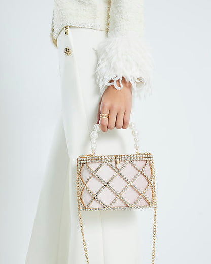 Gold Diamante Pearl Handle Basket Bag