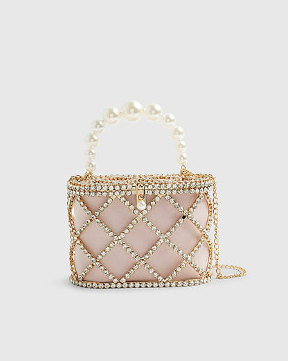 Gold Diamante Pearl Handle Basket Bag