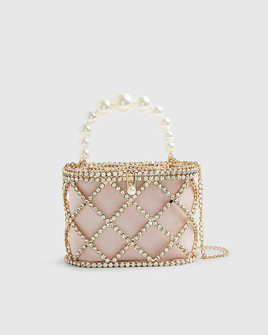 Gold Diamante Pearl Handle Basket Bag