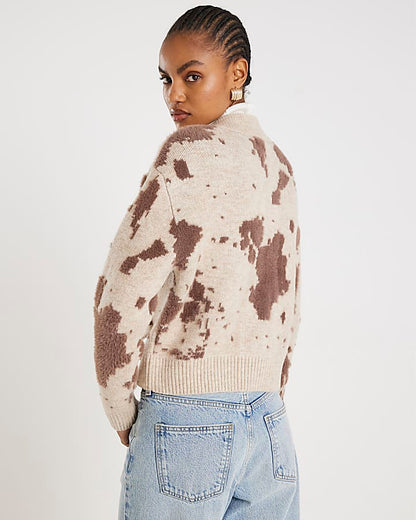 Cream Knitted Cow Print Cardigan