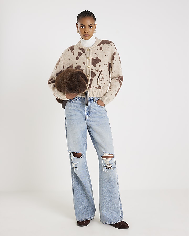 Cream Knitted Cow Print Cardigan