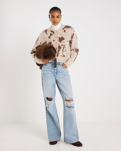 Cream Knitted Cow Print Cardigan