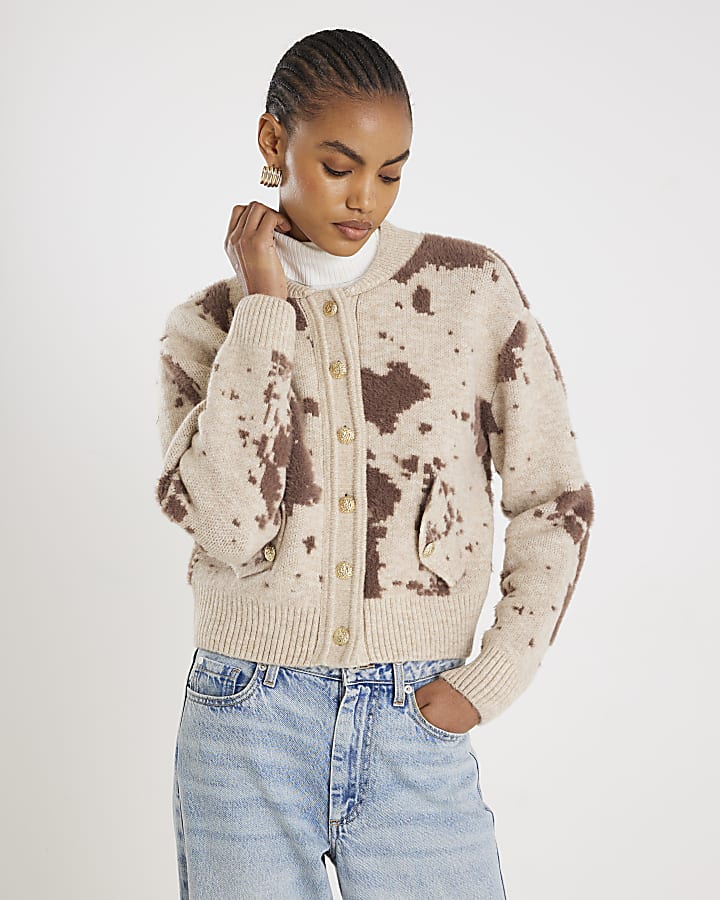 Cream Knitted Cow Print Cardigan