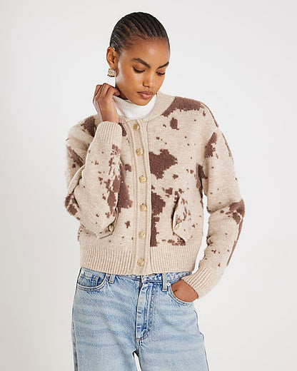 Cream Knitted Cow Print Cardigan