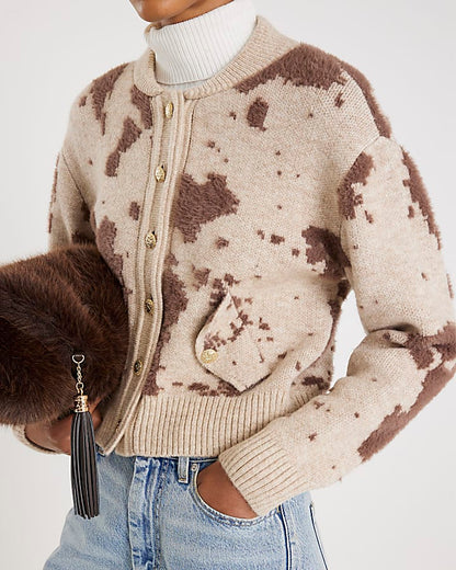 Cream Knitted Cow Print Cardigan
