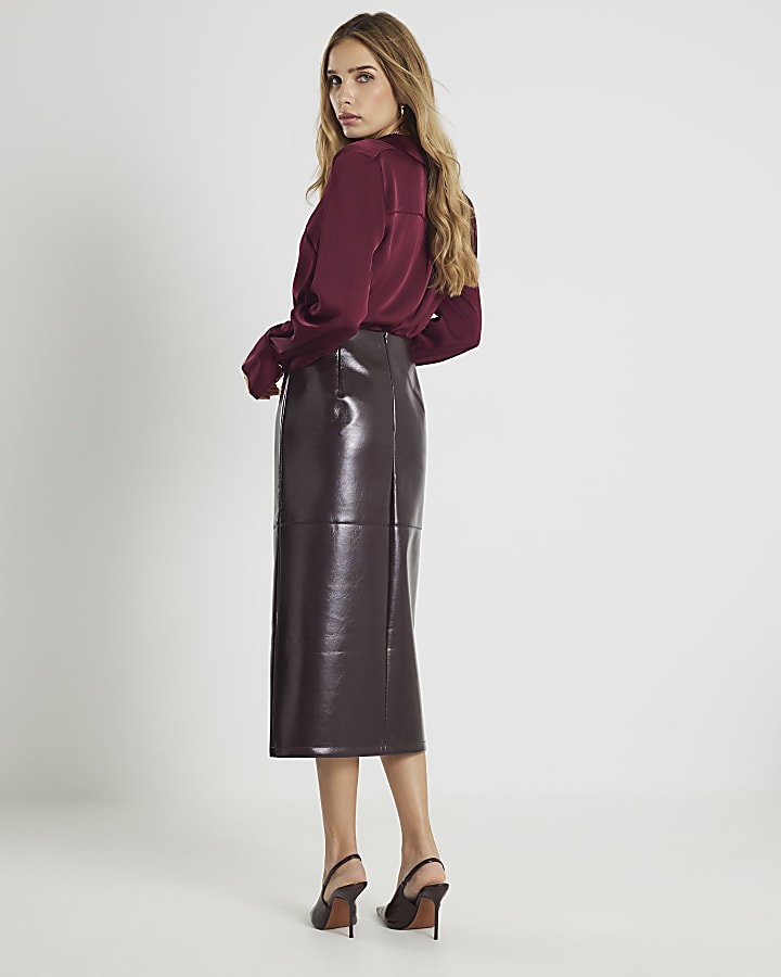 Red Faux Leather Pencil Midi Skirt