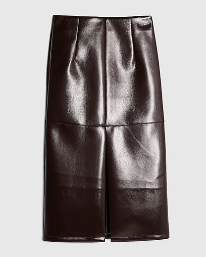Red Faux Leather Pencil Midi Skirt