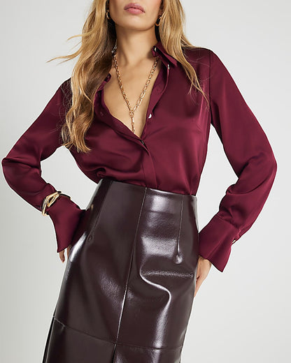 Red Faux Leather Pencil Midi Skirt