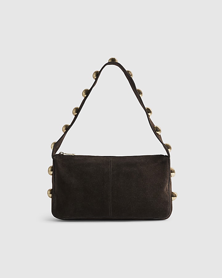 Brown Suede Studded Shoulder Bag | River Island