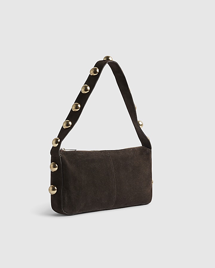 Brown Suede Studded Shoulder Bag | River Island