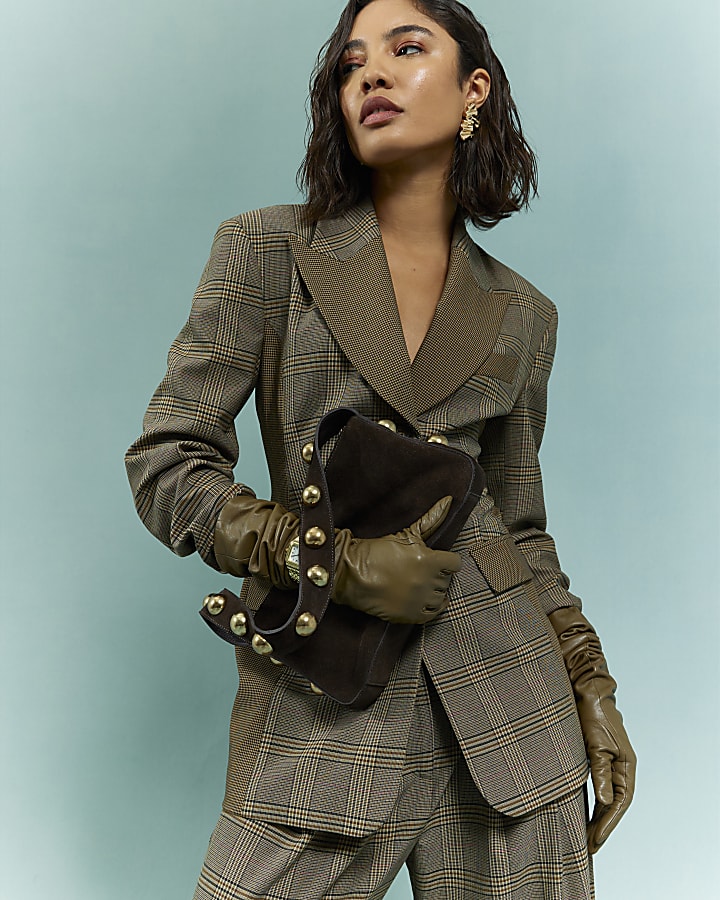 Brown Suede Studded Shoulder Bag | River Island