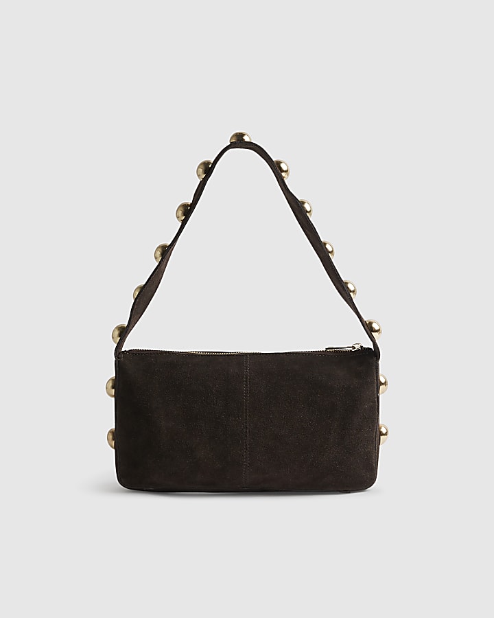 Brown Suede Studded Shoulder Bag | River Island