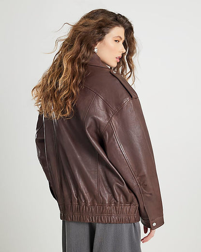 Brown Distressed Leather Bomber Jacket