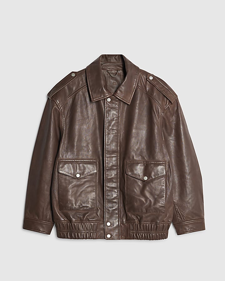 Brown Distressed Leather Bomber Jacket