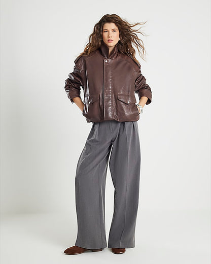 Brown Distressed Leather Bomber Jacket