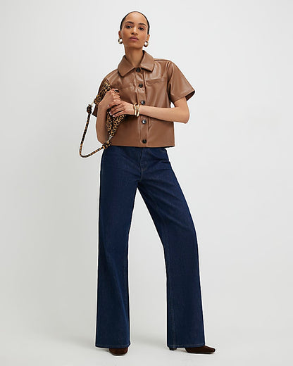 Brown Faux Leather Short Sleeve Pocket Shirt