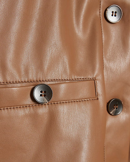 Brown Faux Leather Short Sleeve Pocket Shirt