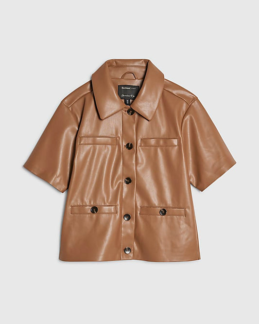 Brown Faux Leather Short Sleeve Pocket Shirt