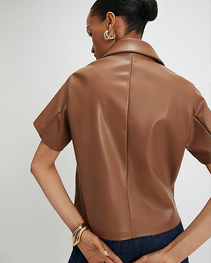 Brown Faux Leather Short Sleeve Pocket Shirt