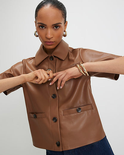 Brown Faux Leather Short Sleeve Pocket Shirt