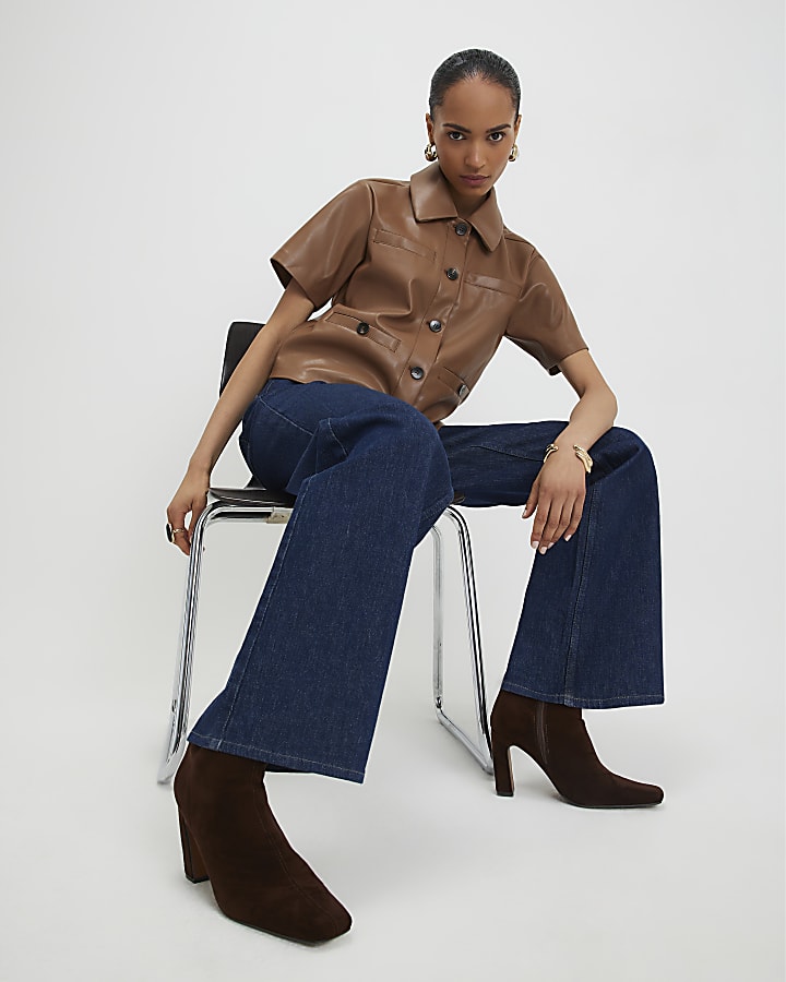 Brown Faux Leather Short Sleeve Pocket Shirt