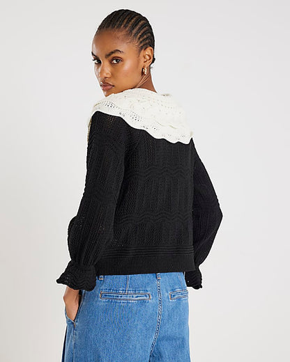 Black Knitted Double Frill Collar Jumper