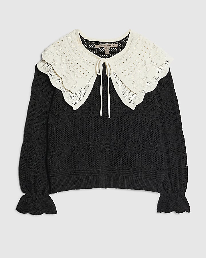 Black Knitted Double Frill Collar Jumper