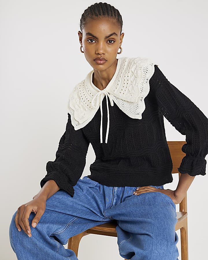Black Knitted Double Frill Collar Jumper