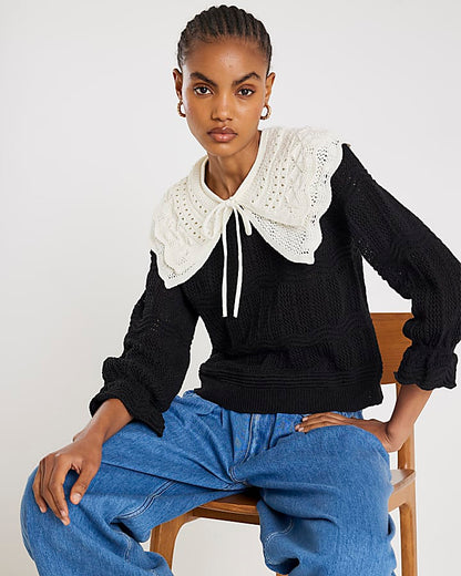 Black Knitted Double Frill Collar Jumper