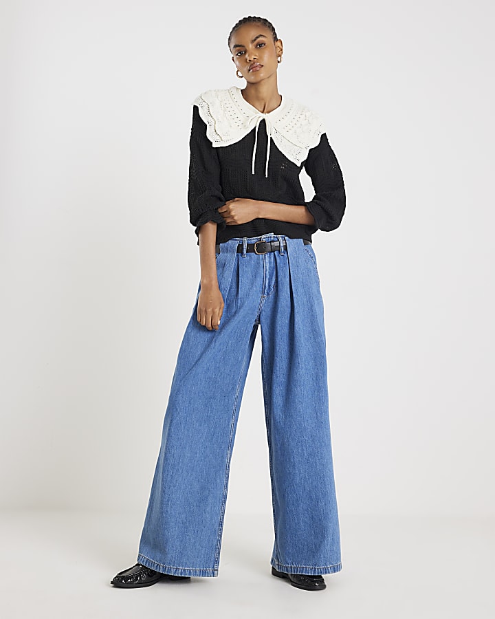 Black Knitted Double Frill Collar Jumper