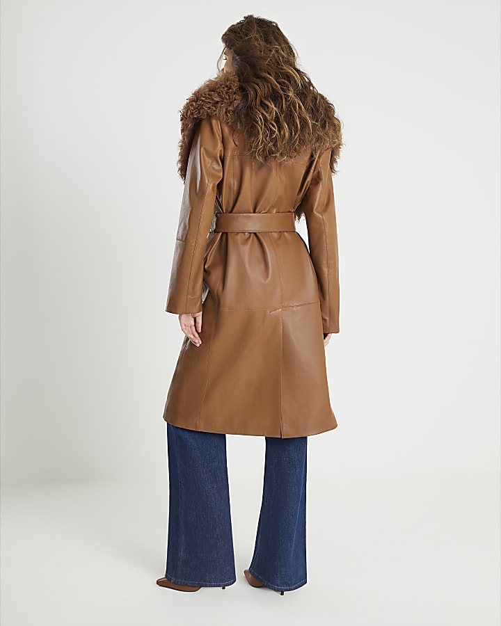 Brown Shearling Collar Leather Coat