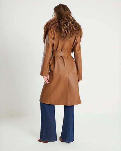 Brown Shearling Collar Leather Coat