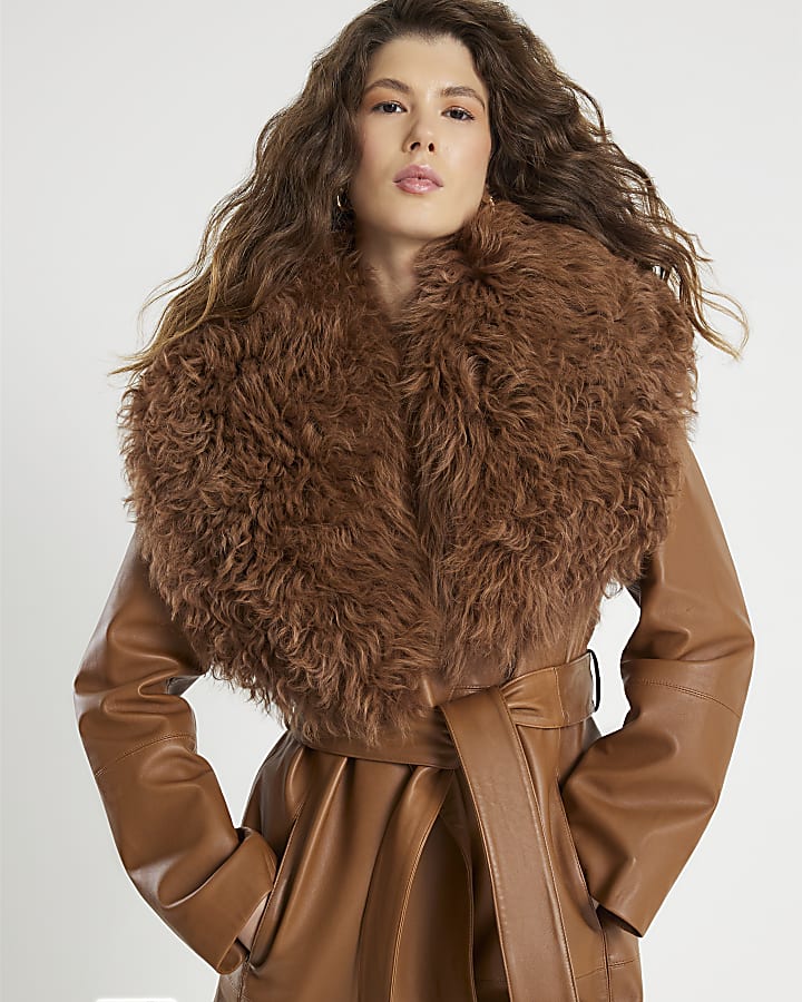Brown Shearling Collar Leather Coat