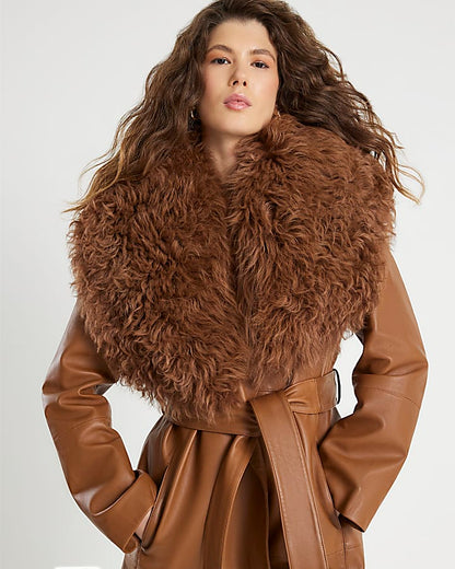 Brown Shearling Collar Leather Coat