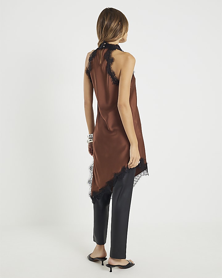 Brown Sleeveless Longline Lace Trim Dress
