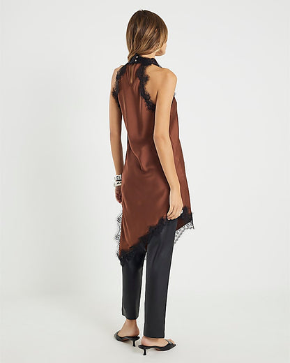 Brown Sleeveless Longline Lace Trim Dress