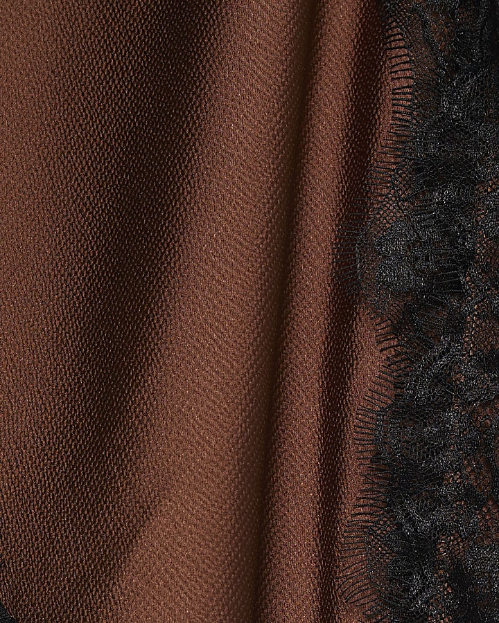 Brown Sleeveless Longline Lace Trim Dress