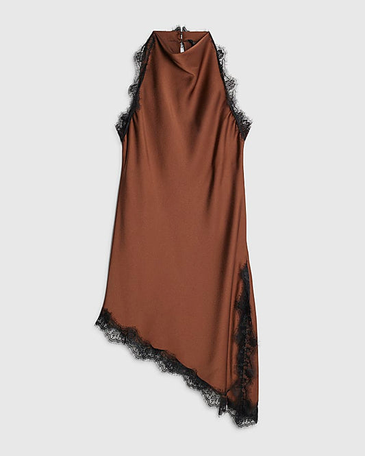 Brown Sleeveless Longline Lace Trim Dress