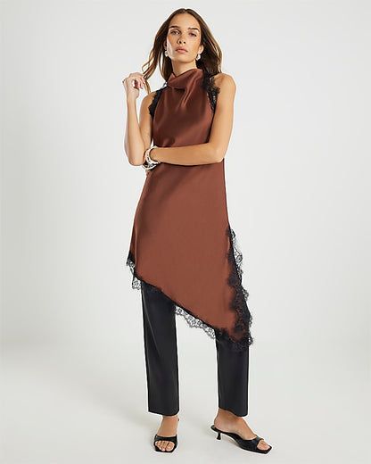 Brown Sleeveless Longline Lace Trim Dress