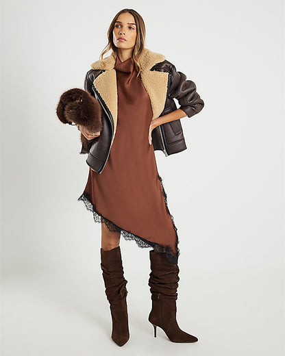 Brown Sleeveless Longline Lace Trim Dress