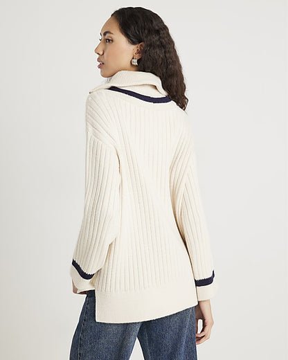 Cream Knitted Stripe detail zip Up Jumper