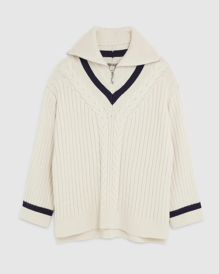 Cream Knitted Stripe detail zip Up Jumper