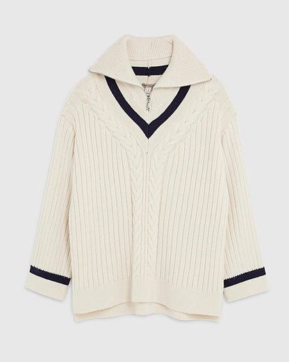 Cream Knitted Stripe detail zip Up Jumper