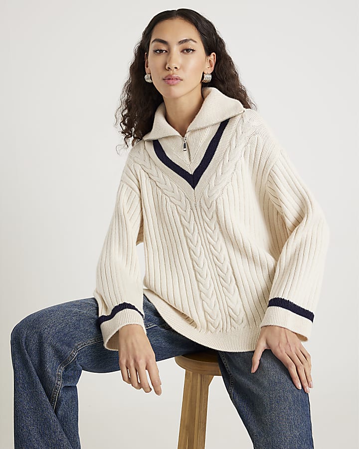 Cream Knitted Stripe detail zip Up Jumper